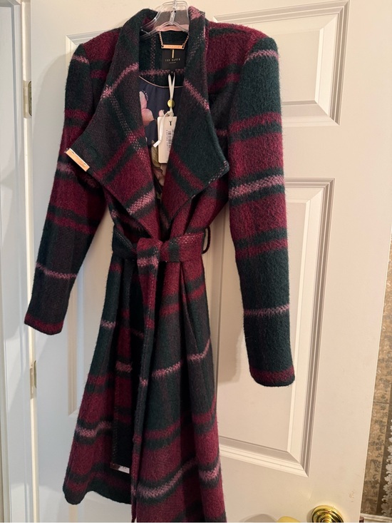 Ted Baker Jackets & Blazers - Ted Baker Burgundy and Dark Green Plaid Long Sleeve Wrap Coat Dress